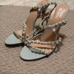 Chic Pearl-Studded Light Blue Heels